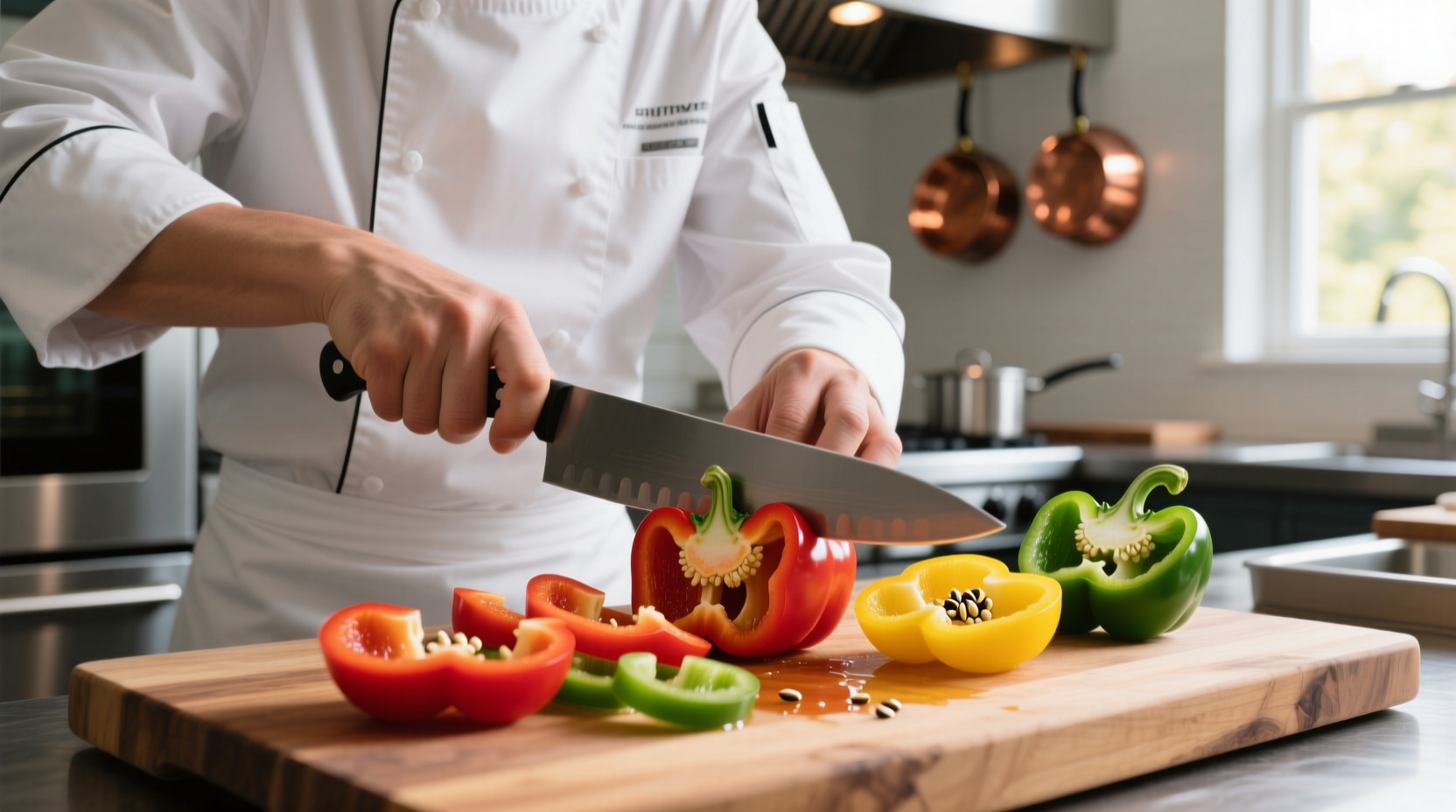 Chef slicing bell peppers on cutting board