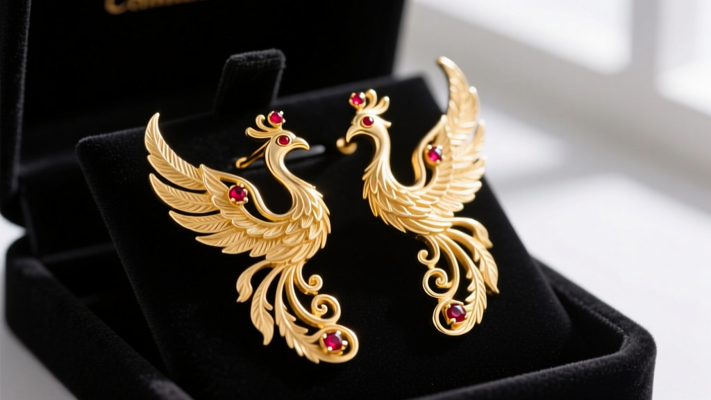 Close-up of intricate 24k gold filigree phoenix earrings with small ruby accents resting on a dark velvet jewelry display stand