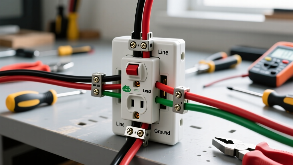 Wiring Diagram for GFCI Receptacle: Line, Load, and Ground Traced