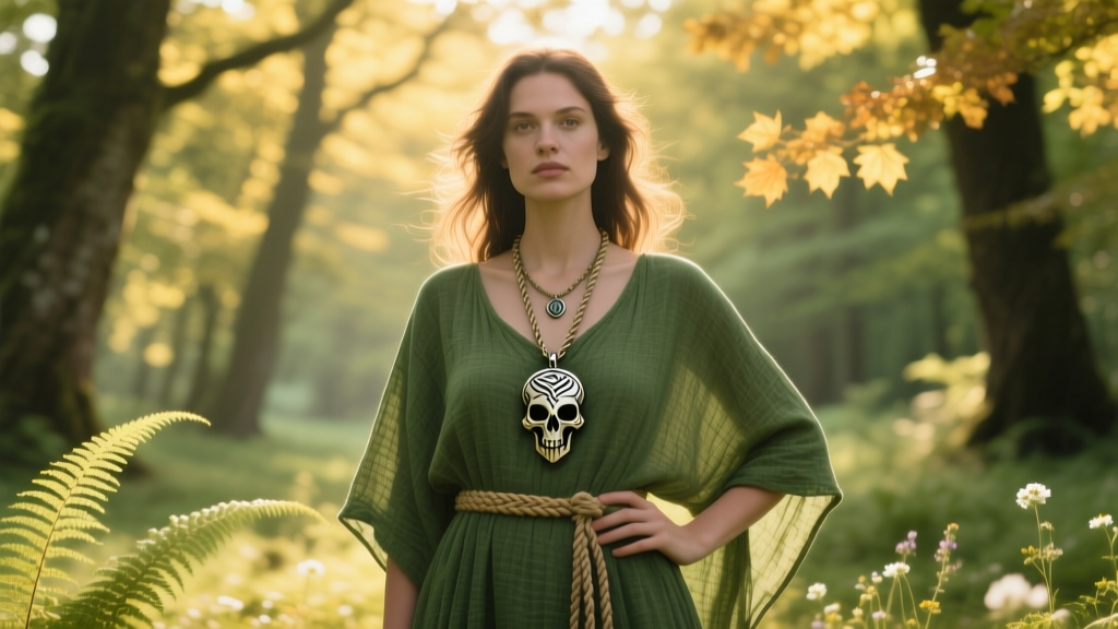 Woman wearing a layered rope chain with a Wind Waker skull pendant over a green linen tunic in a bright, sunlit forest setting.