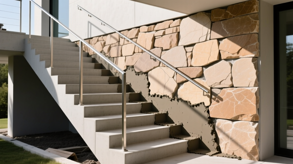 Rugged limestone veneer panels being mortared onto the risers of a modern exterior concrete staircase with sleek steel railings