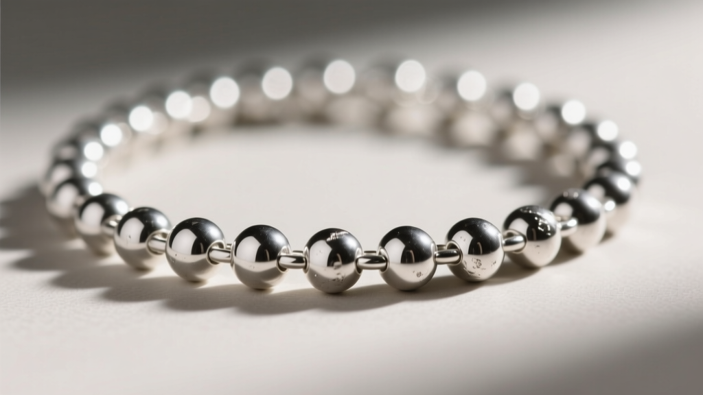 Macro shot of a 3mm sterling silver ball chain necklace, highlighting the small connecting links between each polished metal sphere.