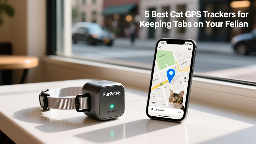 FurPetVo Cube GPS Tracker mounted on a reflective nylon cat collar, shown beside a city street map on a smartphone screen