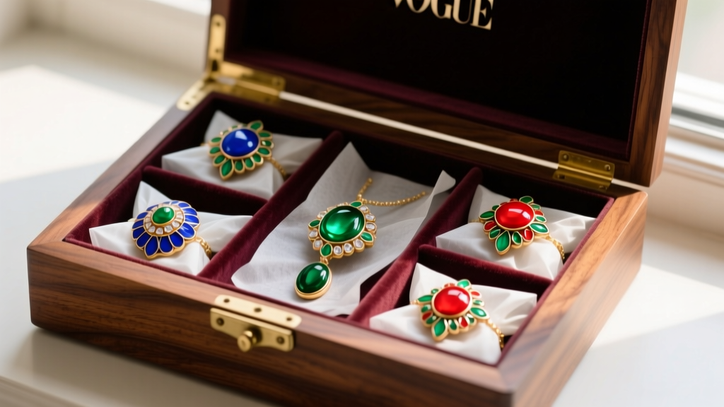 Acid-free tissue paper wrapping individual pieces of vibrant Meenakari enamel jewelry inside a velvet-lined wooden storage chest
