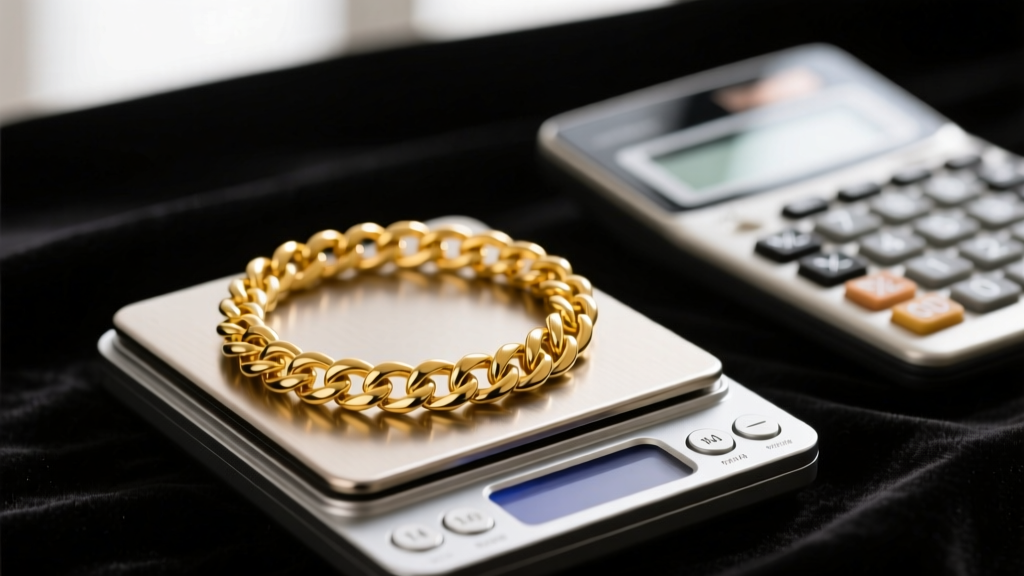 Macro shot of a digital scale weighing a 14k yellow gold Miami Cuban link necklace beside a blurred calculator on dark velvet.