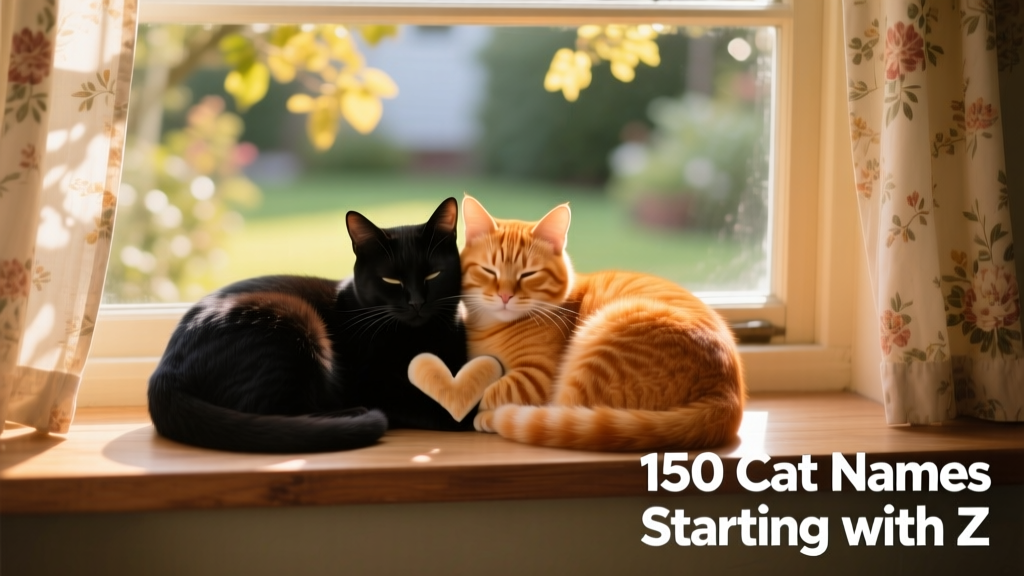 Two cats—one black and one orange—curled together peacefully on a sunlit windowsill, with soft shadows and warm tones