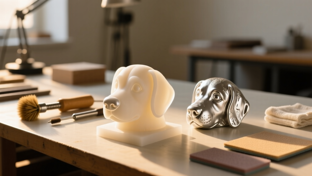 Jeweler workbench displaying a silicone mold of a dog nose beside a raw silver casting, polishing tools, and soft warm lighting.