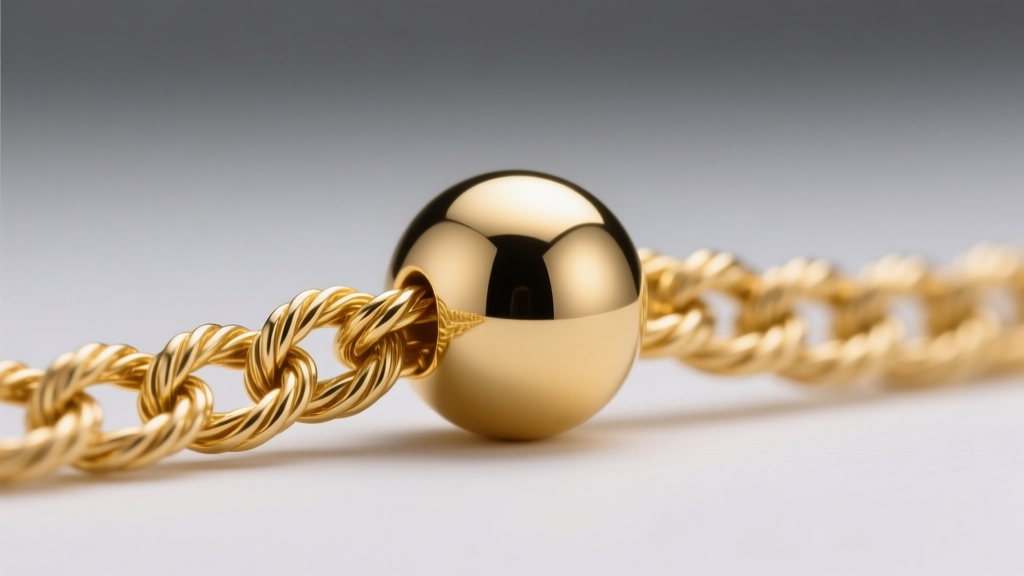 Close-up of an 18k gold rope chain threaded through a 10mm polished gold ball, showcasing intricate twisted links.