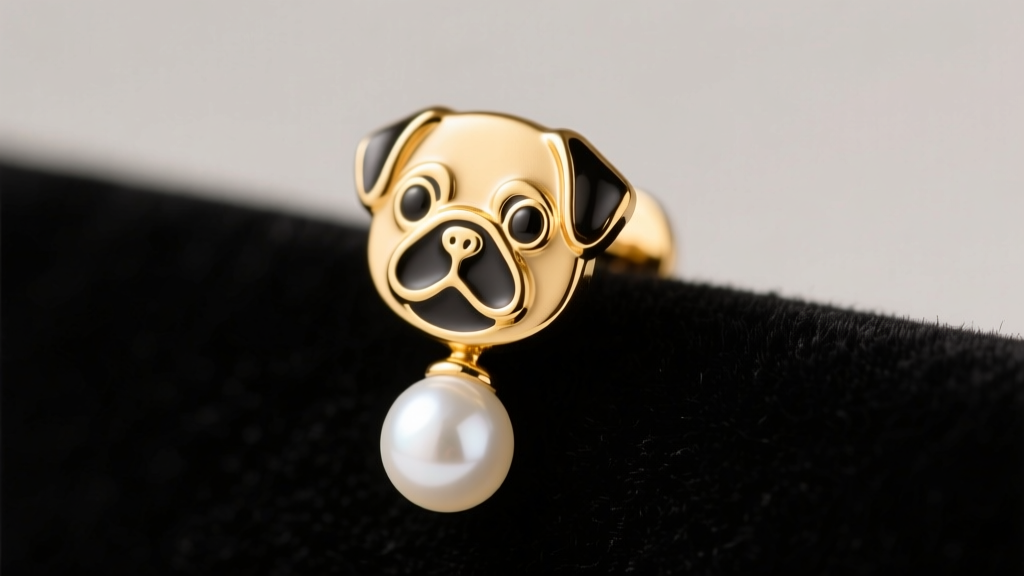 Close-up of a whimsical gold enamel pug stud earring featuring a dangling 7mm white freshwater pearl, resting on dark velvet