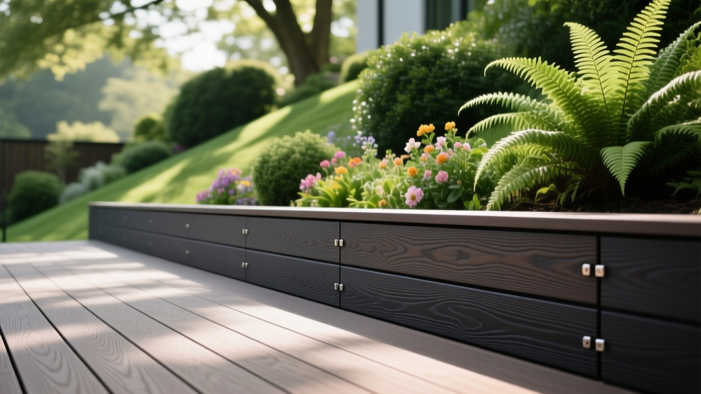 Dark composite deck skirting panels with hidden fasteners installed along a raised wooden deck surrounded by lush green landscaping