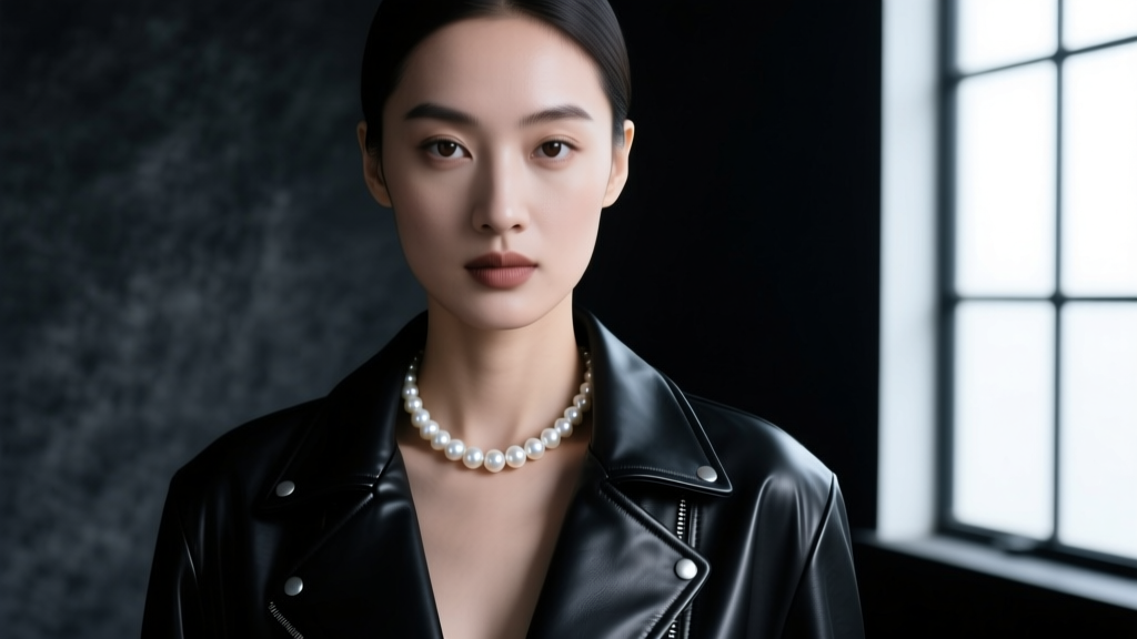 Moody portrait of a model in leather wearing a single strand of lustrous 8mm white Akoya pearls against a dark studio backdrop