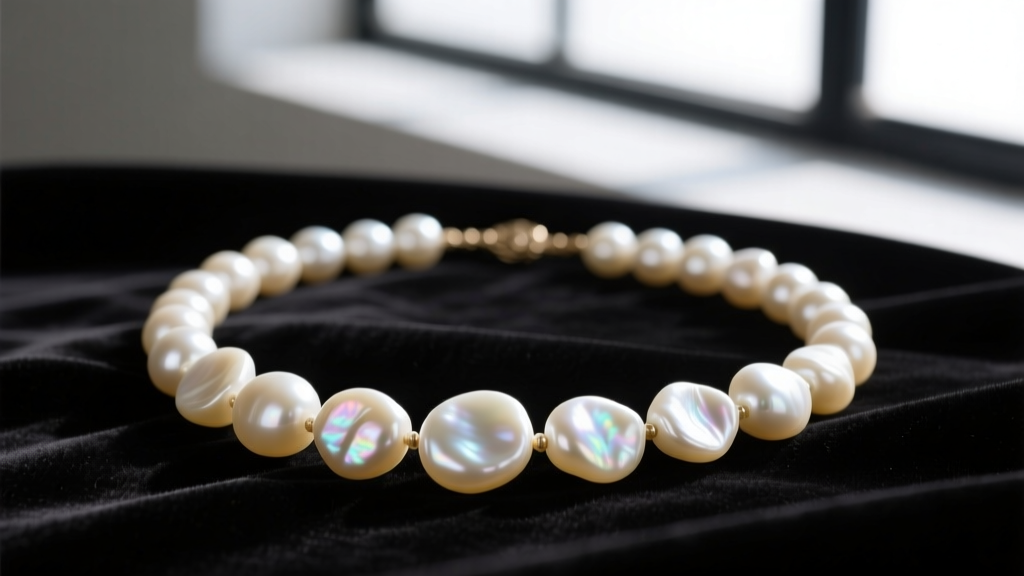 Macro photograph of a 1920s antique freshwater pearl necklace with cream-colored baroque pearls resting on dark velvet fabric