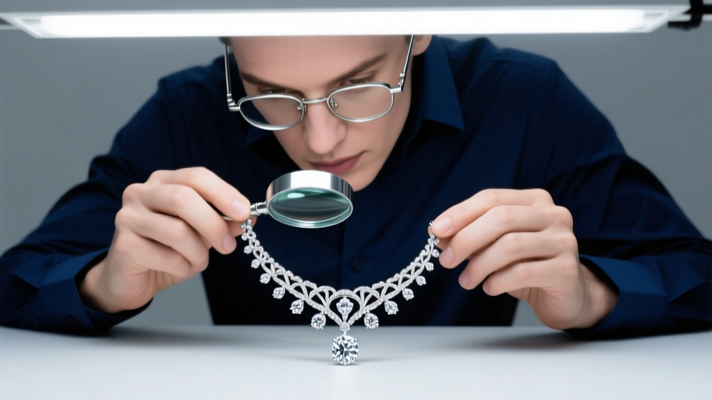 Jeweler using a 10x loupe to inspect a platinum prong setting on a vintage diamond necklace under bright LED bench lighting