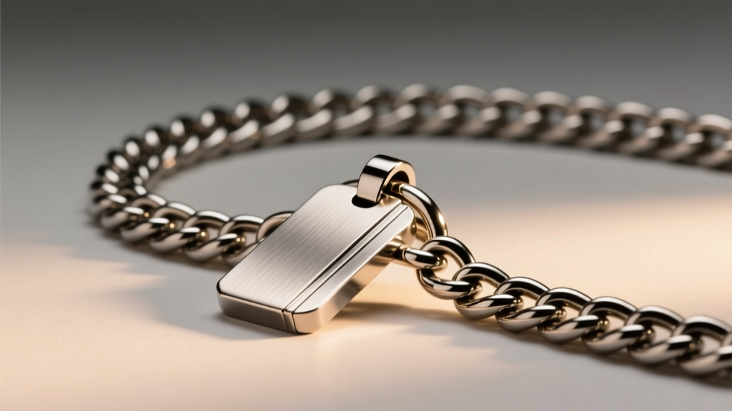 Side profile of a 4mm stainless steel Cuban link chain with a brushed sports pendant illuminated by soft warm studio lighting