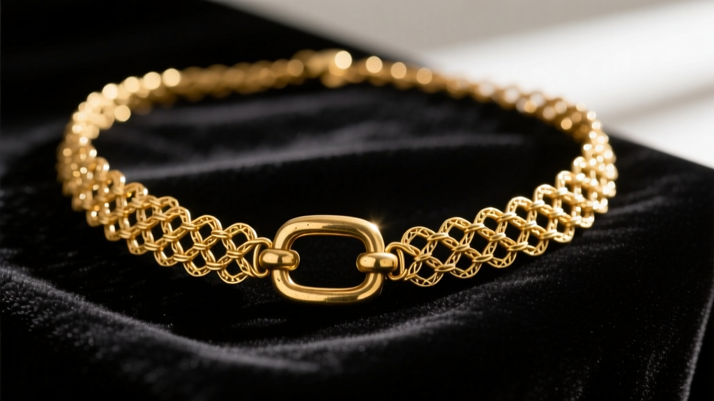 Gold-filled vintage mesh necklace draped on dark velvet, highlighting intricate woven links and an original brass barrel clasp.