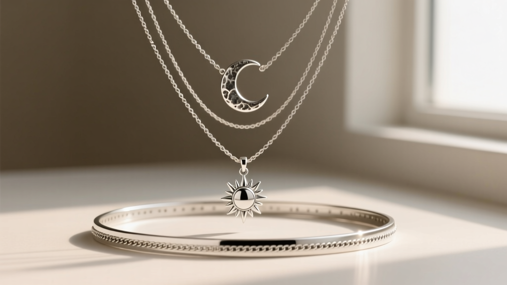 Layered silver necklaces showing a 14-inch choker, an 18-inch 925 sun pendant, and a 24-inch oxidized silver moon charm.