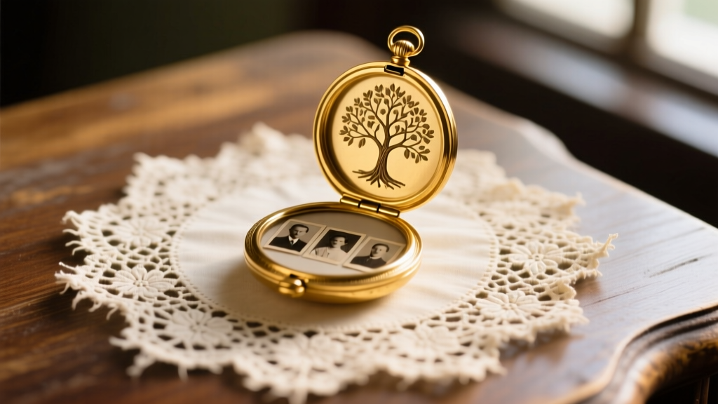 Open vintage-style gold locket revealing a tiny engraved family tree and miniature photos, resting on an antique lace doily