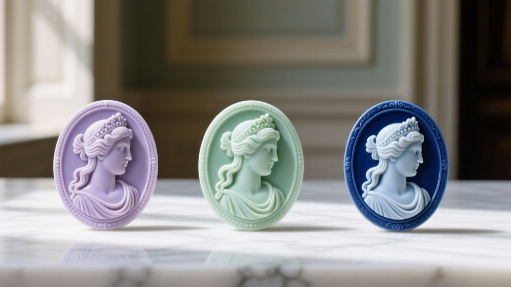Three Wedgwood jasperware cameos in lilac, sage green, and Portland blue, displayed side-by-side on a white marble surface.