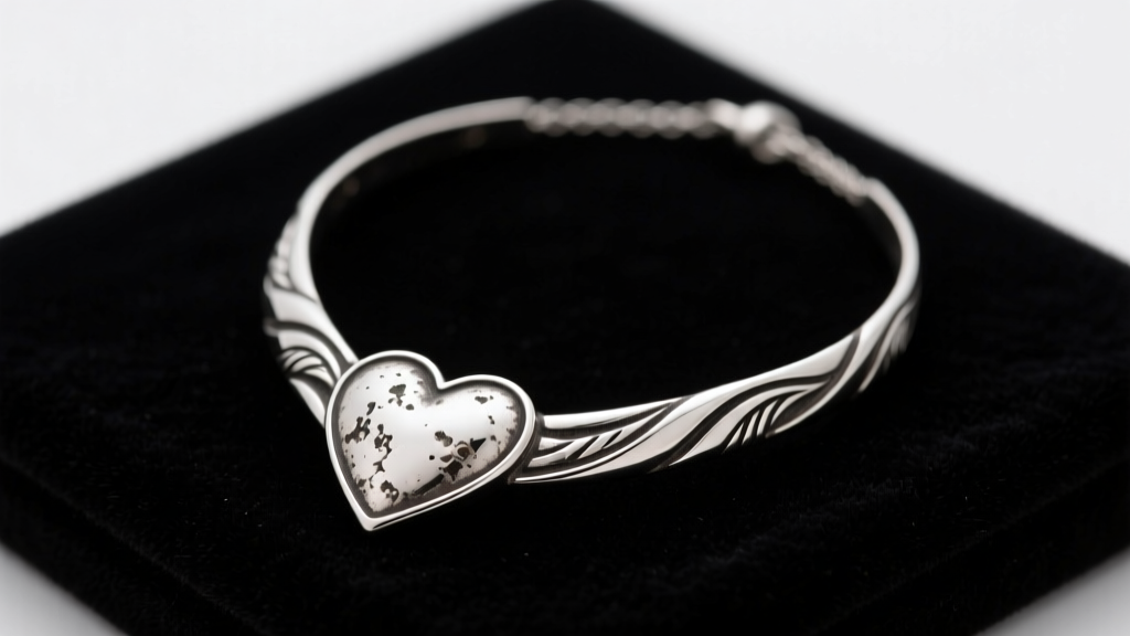 Tarnished sterling silver heart James Avery necklace resting on dark velvet under soft studio lighting, showing detailed oxidation.