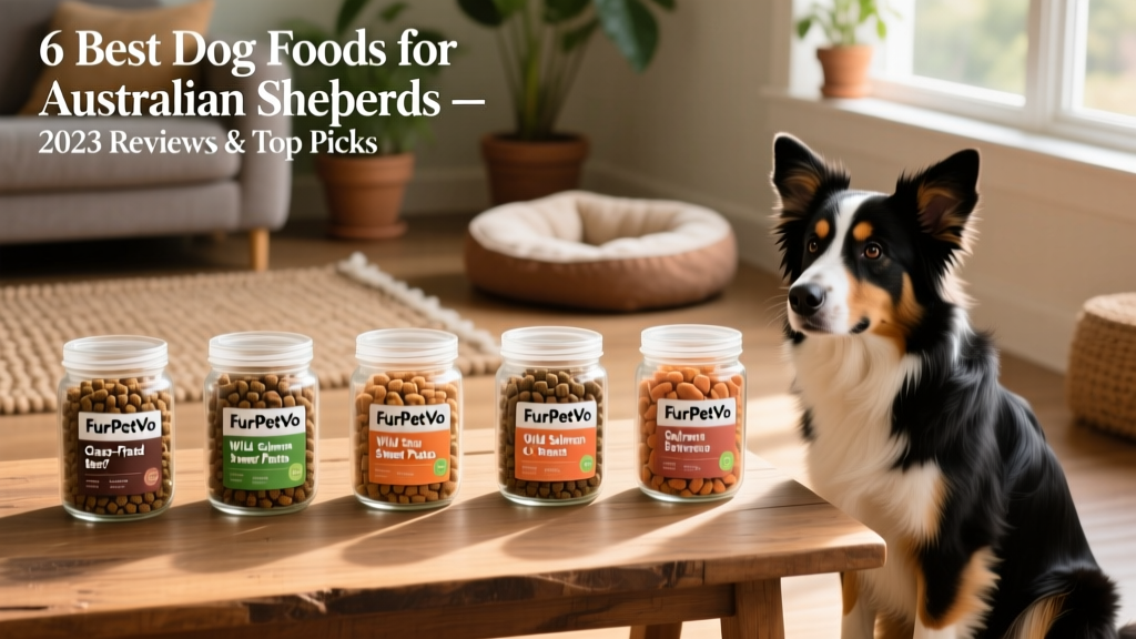 Side-by-side comparison of FurPetVo kibble varieties in clear jars, with an Australian Shepherd sitting attentively nearby