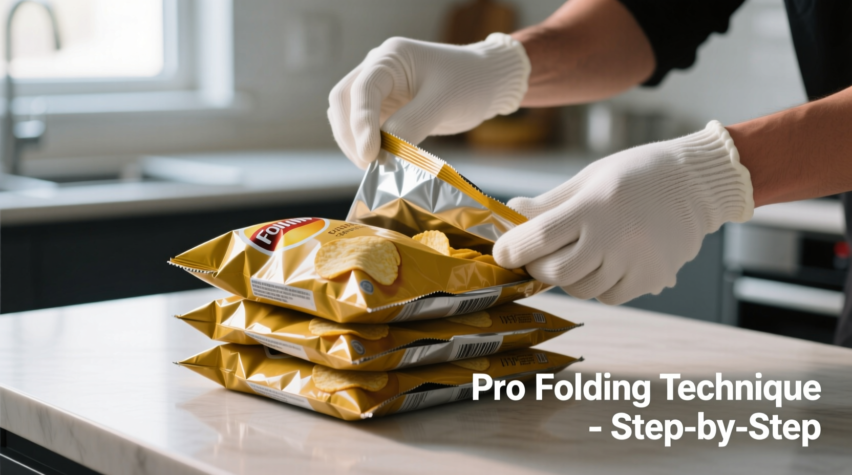 Professional potato chip bag folding technique demonstration