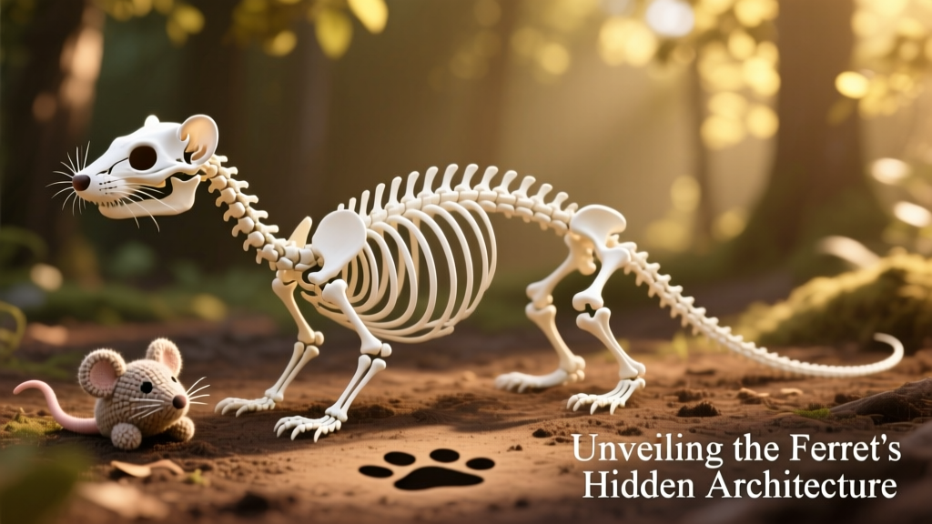 Side view of a ferret skeleton highlighting the long vertebral column and slender limb bones