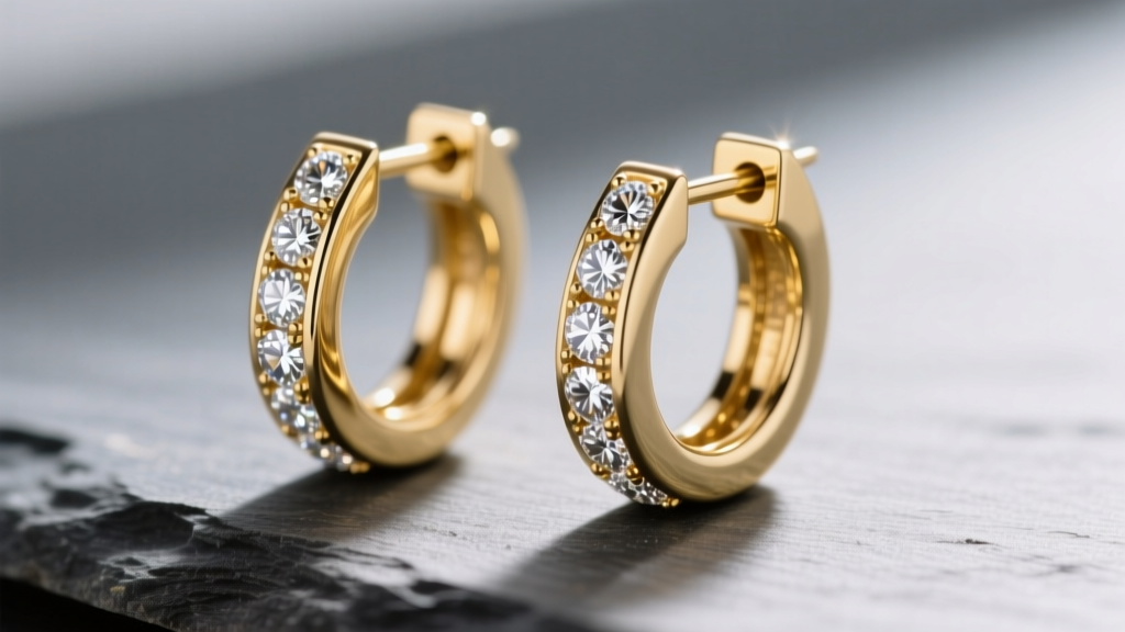 Close-up of 14k gold huggie channel earrings with diamonds on slate, soft lighting revealing the thick protective metal walls
