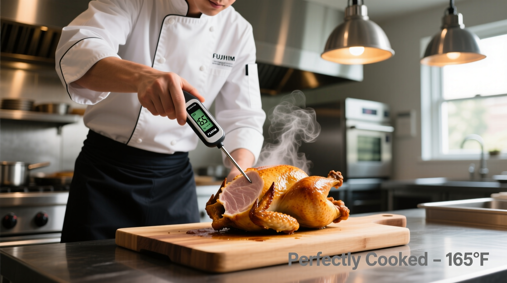 Professional chef checking chicken temperature with thermometer