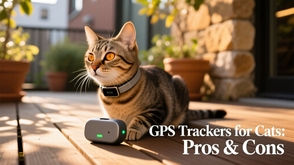 A sleek, lightweight GPS tracker attached to a cat's collar, shown on a sunlit patio