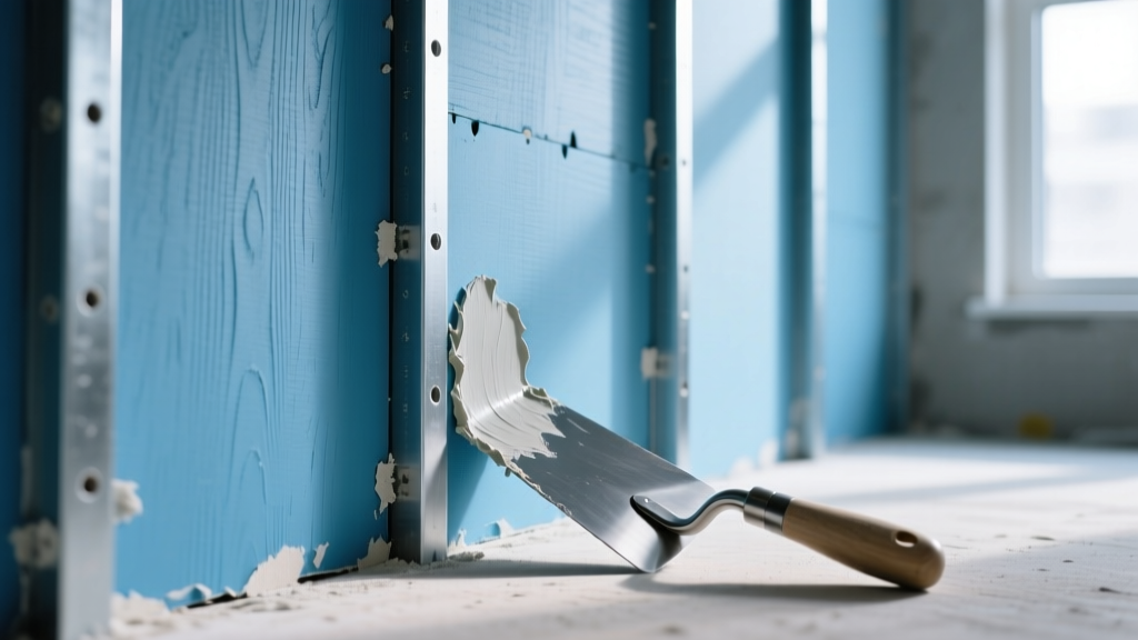 Close-up of blue-faced veneer plaster base gypsum board screwed to metal studs, with a trowel applying thin finish plaster nearby