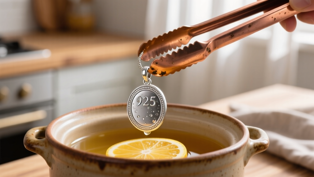 Copper tongs lifting a freshly pickled, matte 925 silver pendant from a warm citric acid solution in a ceramic slow cooker