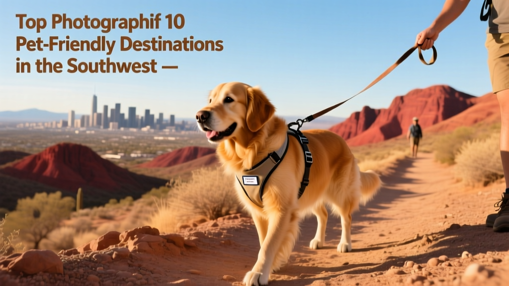 A dog hiking on a sunlit trail overlooking Phoenix with red desert hills in the background