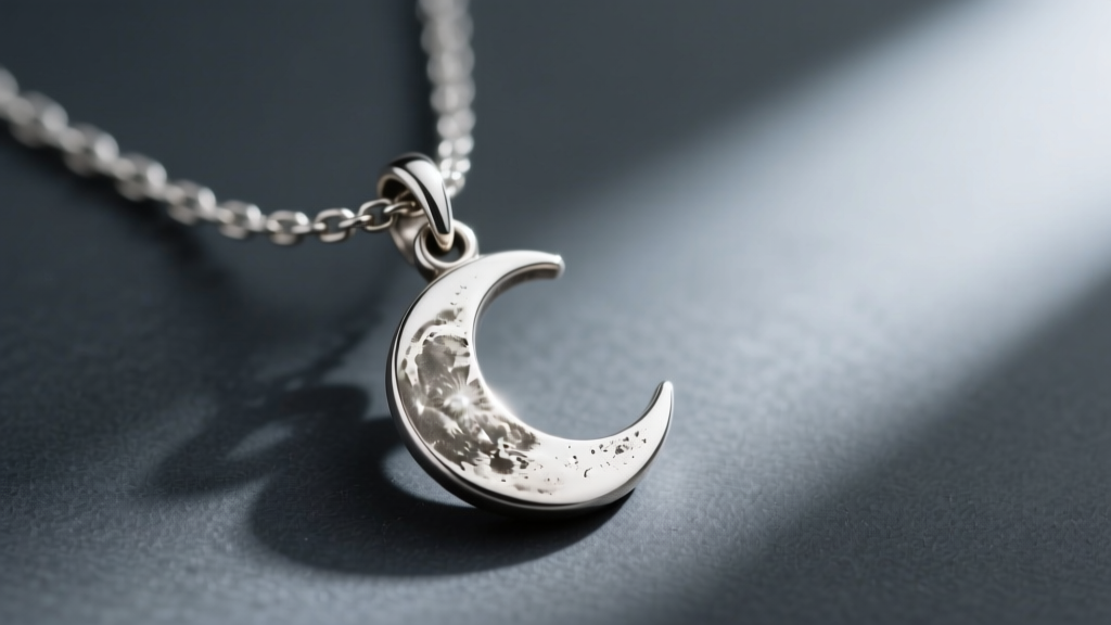 Close-up of a sterling silver dainty charm necklace with a moon pendant, showing slight oxidation against a dark slate background