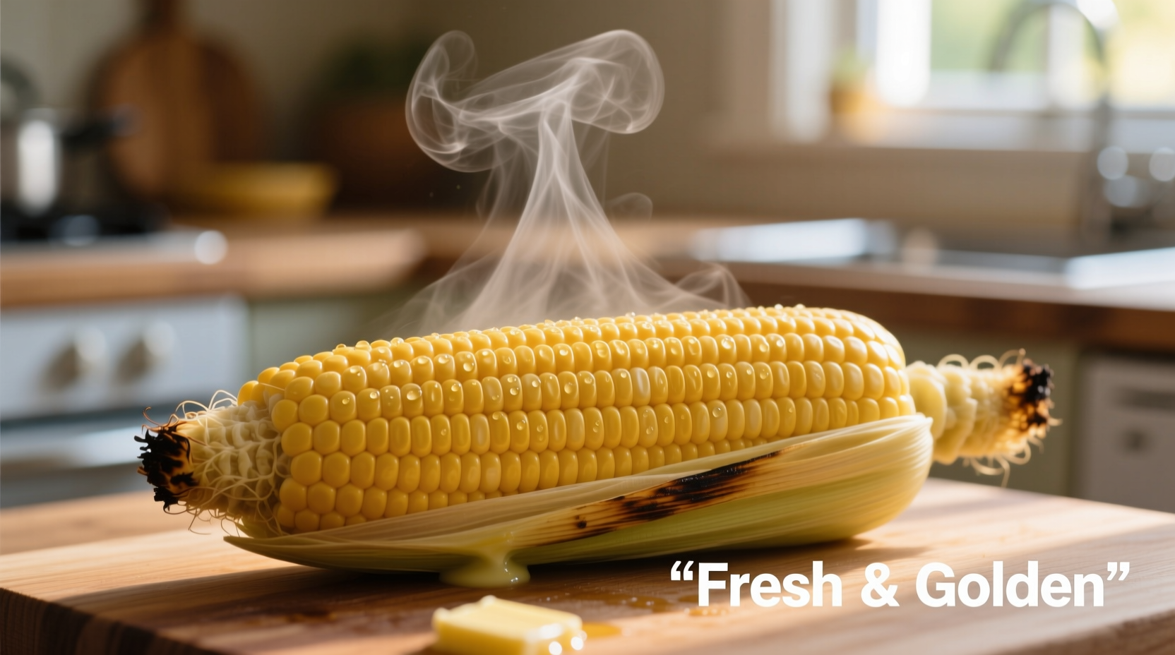 Perfectly boiled corn on cob with steam rising