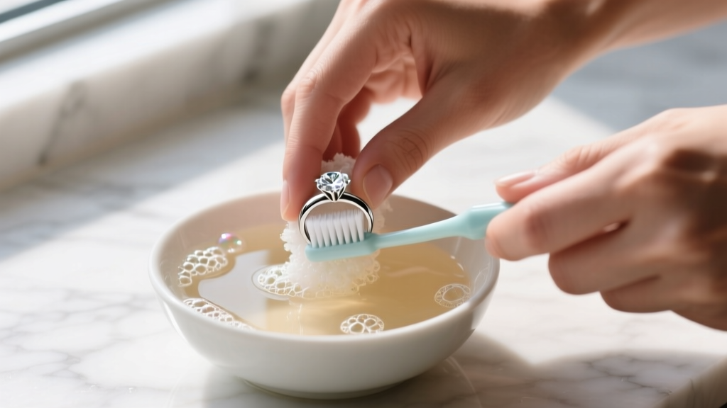 Hands gently scrubbing a platinum diamond engagement ring with a soft baby-bristle toothbrush in a bowl of warm soapy water.