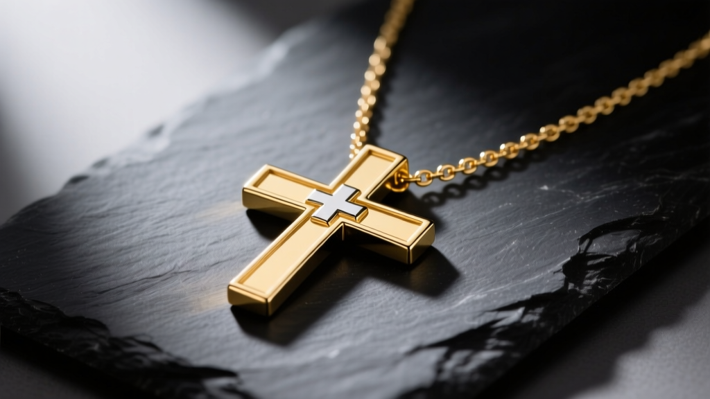 Solid 14k gold Swiss cross necklace with equal arms resting on dark slate, illuminated by dramatic directional studio lighting