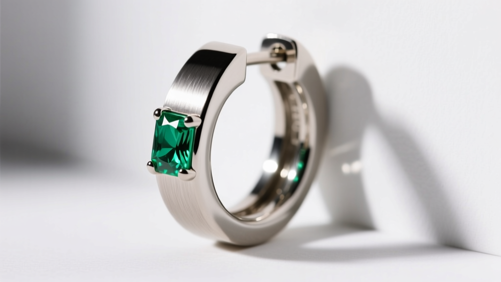 Macro shot of a titanium huggie earring with an emerald inlay, highlighting the brushed metal finish and secure hinge mechanism