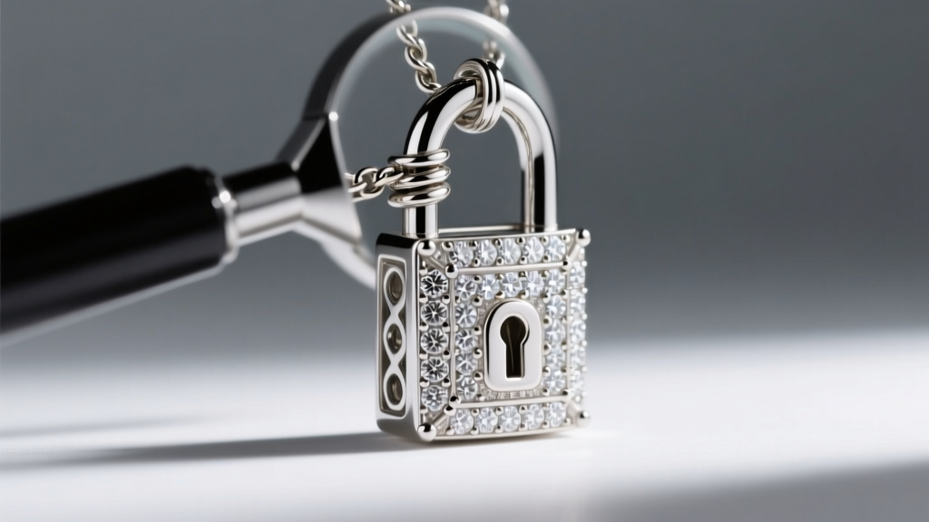 Loupe examining the spring bar and hinge mechanism of a diamond-encrusted white gold lock pendant under bright studio lighting