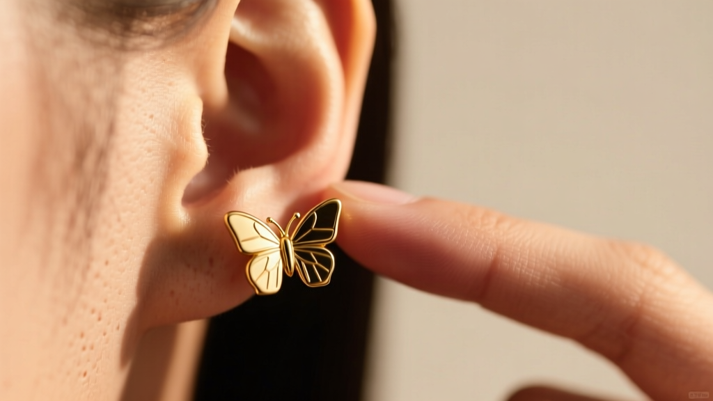 Macro shot of fingers removing a tight gold butterfly earring back from an earlobe under soft warm lighting, detailed skin.