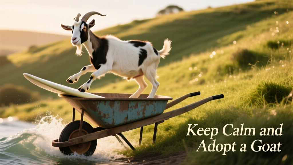 Georgie the goat balancing playfully on the edge of a wooden wheelbarrow, mid-surf pose, with a grassy hill behind him