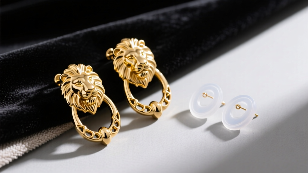 Gold lion door knocker earrings on dark velvet next to clear silicone earring stabilizer discs and a microfiber polishing cloth