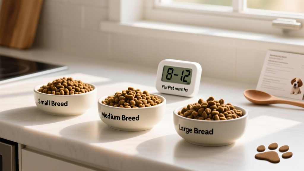 Three bowls of different FurPetVo puppy foods labeled for small, medium, and large breeds, arranged side by side on a clean kitchen counter
