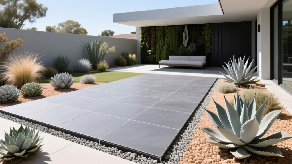 Modern patio featuring large charcoal porcelain pavers bordered by crushed gravel and drought-tolerant landscaping in bright sunlight
