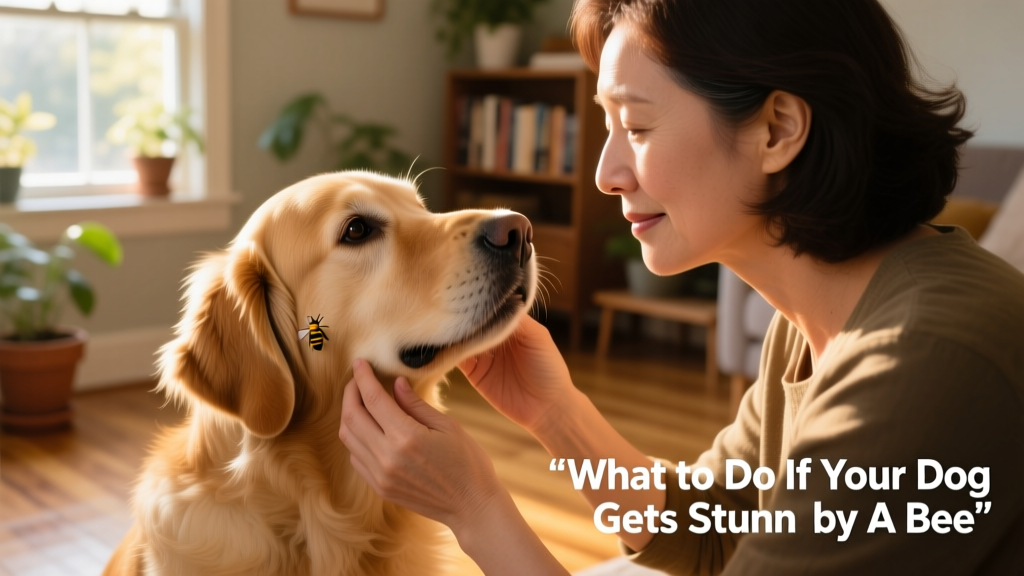 Dog owner gently checking their dog’s mouth and ears for swelling after a bee sting
