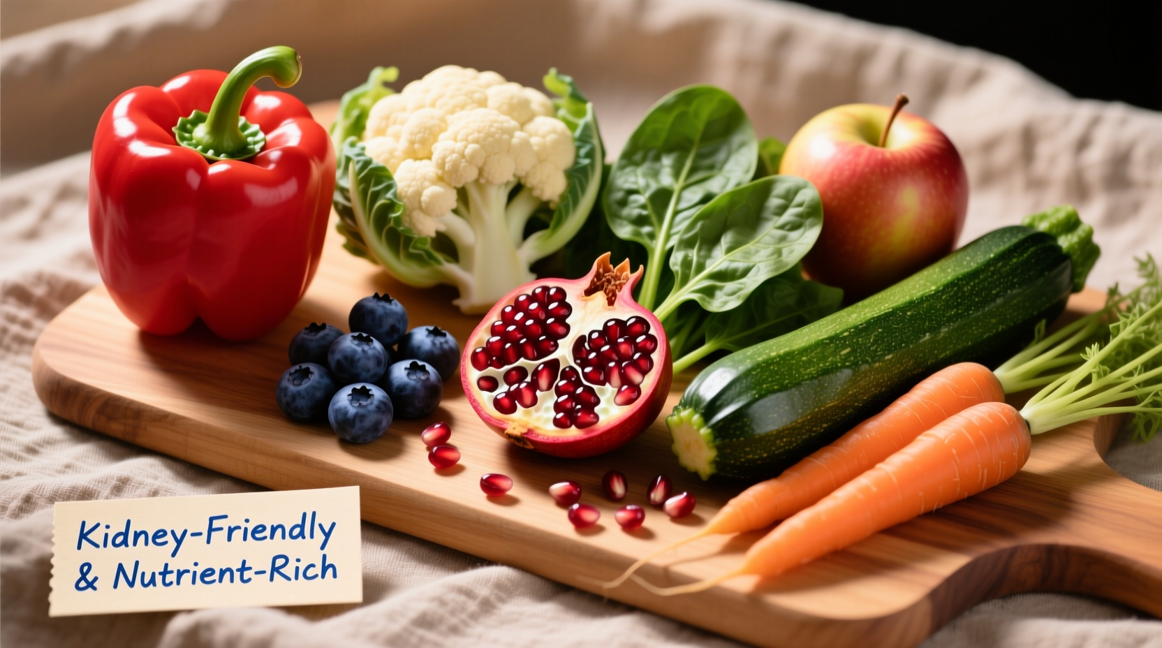 Colorful kidney-friendly foods arrangement