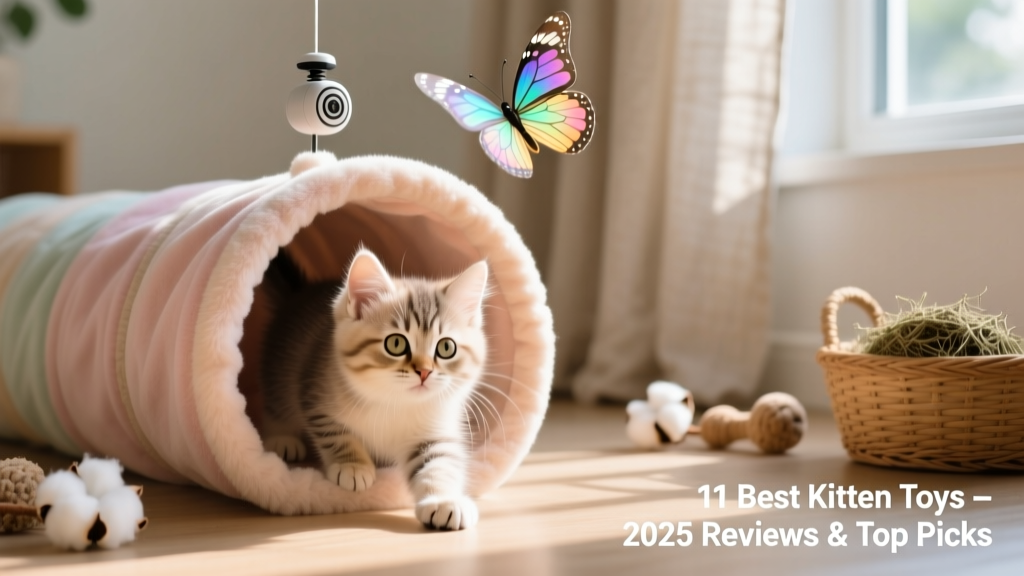 Kitten crawling into a soft, pastel-colored fabric tunnel with a motorized butterfly fluttering above the entrance
