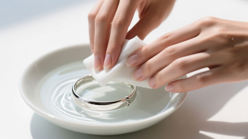 Close-up of hands gently wiping a silver-plated bracelet with a damp microfiber cloth over a bowl of mild soapy distilled water.