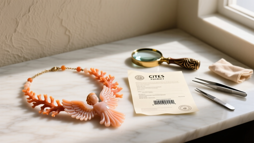Vintage angel skin coral necklace resting beside a CITES document and a jeweler's loupe on a dark velvet jewelry appraisal pad.