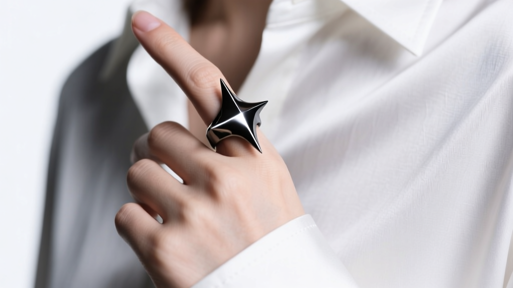 Matte black titanium spikes jewelry ring on an index finger, contrasting with a crisp white silk blouse under soft studio lighting