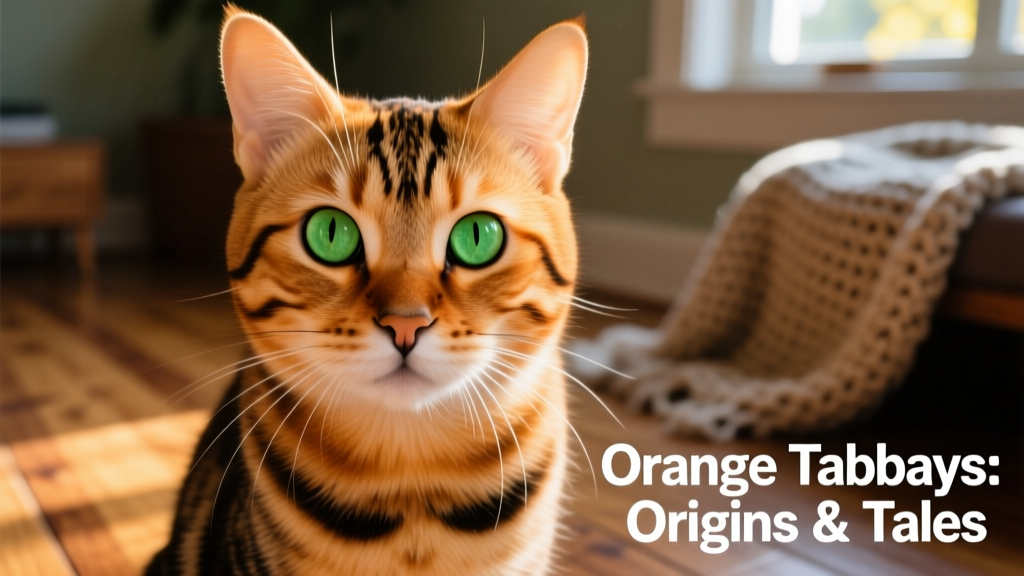 Close-up portrait of an orange tabby cat with bright green eyes and soft, striped fur